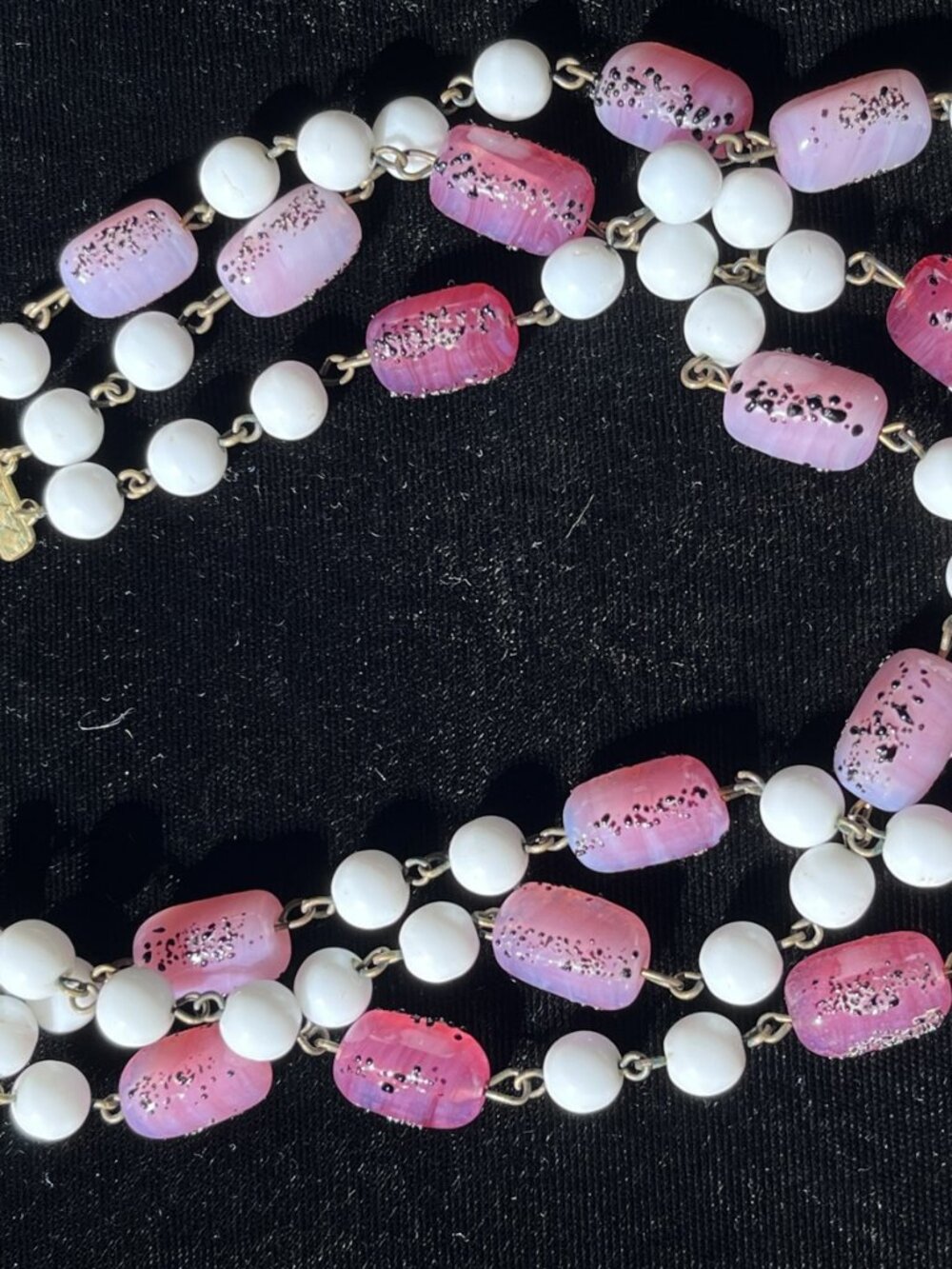 Vintage 1950s 1960s Japan Pink Confetti Glass Bead 3 Strand Choker Necklace 14”